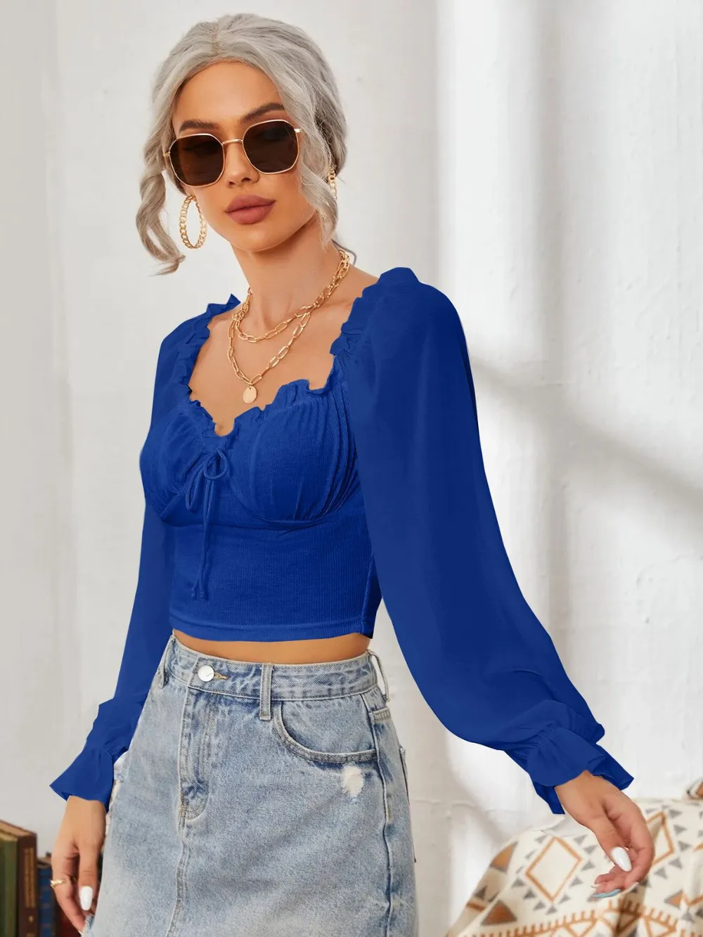 Mesh Sweetheart Neck Flounce Sleeve Top, image 12