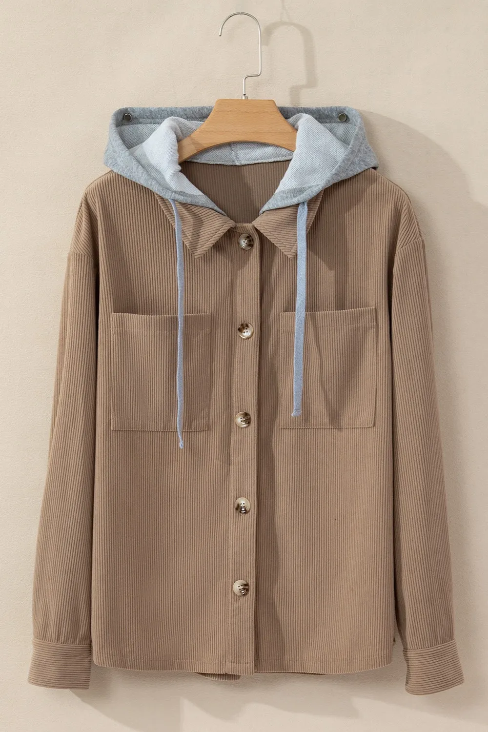 Drawstring Button Up Long Sleeve Hooded Jacket, image 3