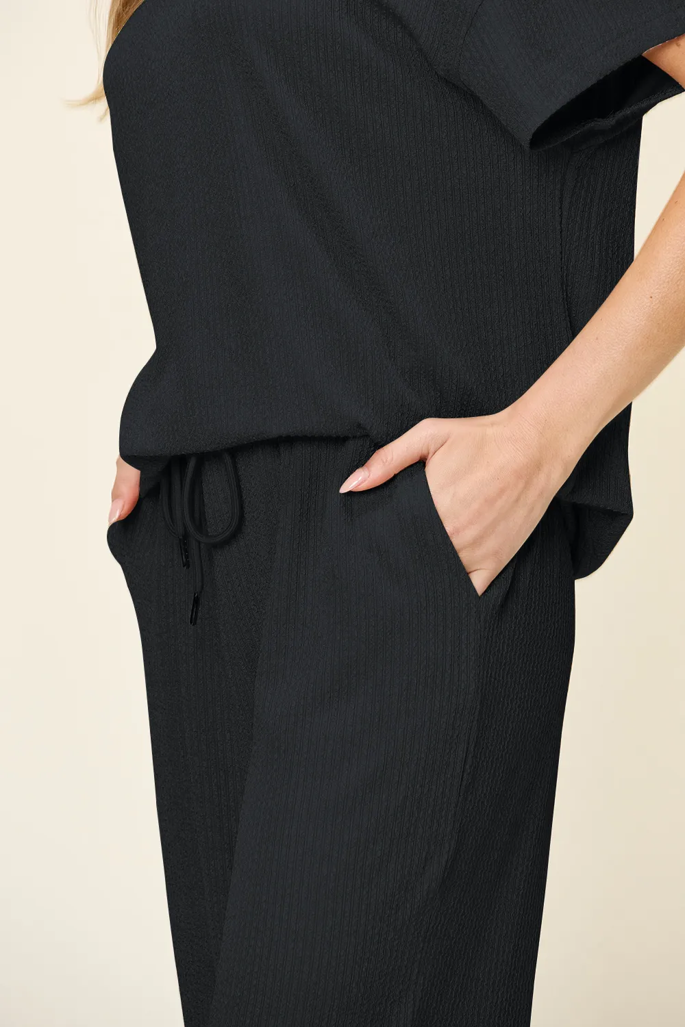 Full Size Texture Round Neck Short Sleeve T-Shirt and Wide Leg Pants, image 10