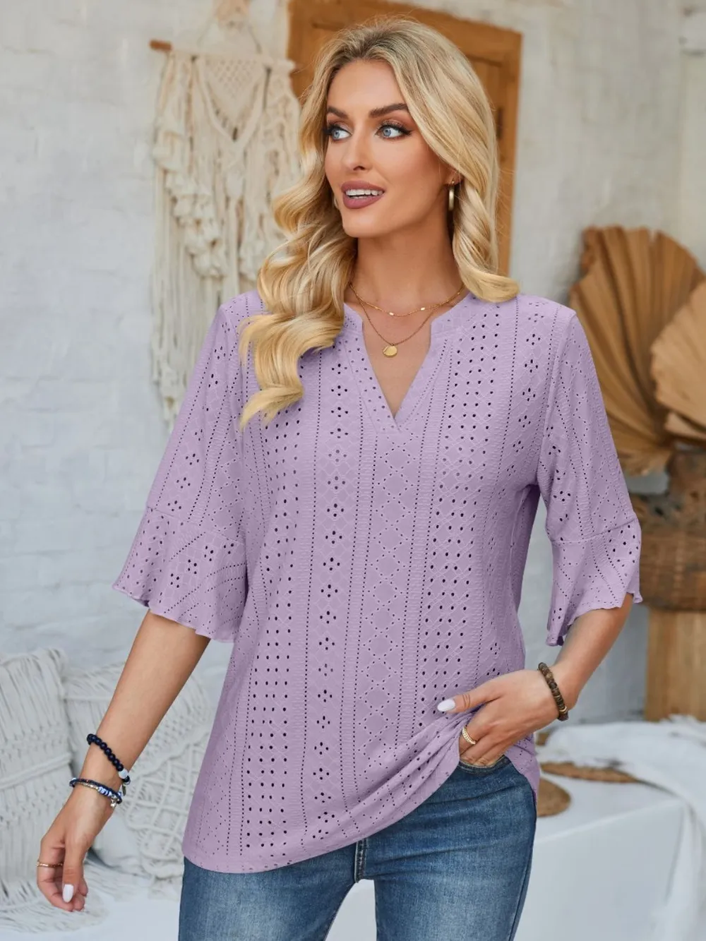 Eyelet Notched Half Sleeve T-Shirt, image 19