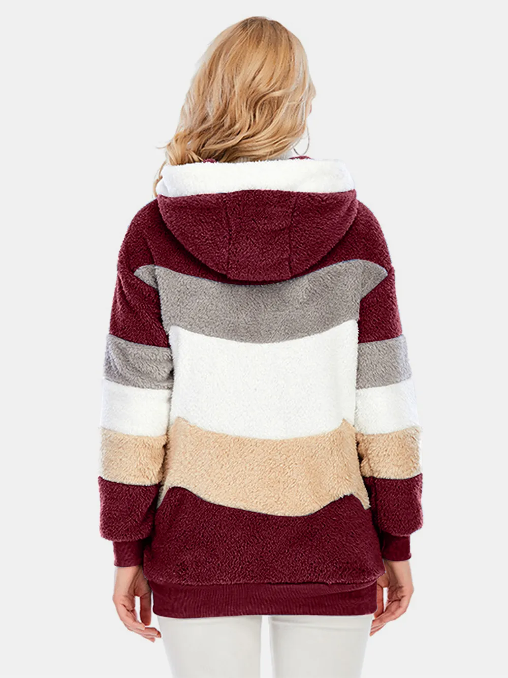 Full Size Drawstring Color Block Zip Up Hooded Outerwear, image 28