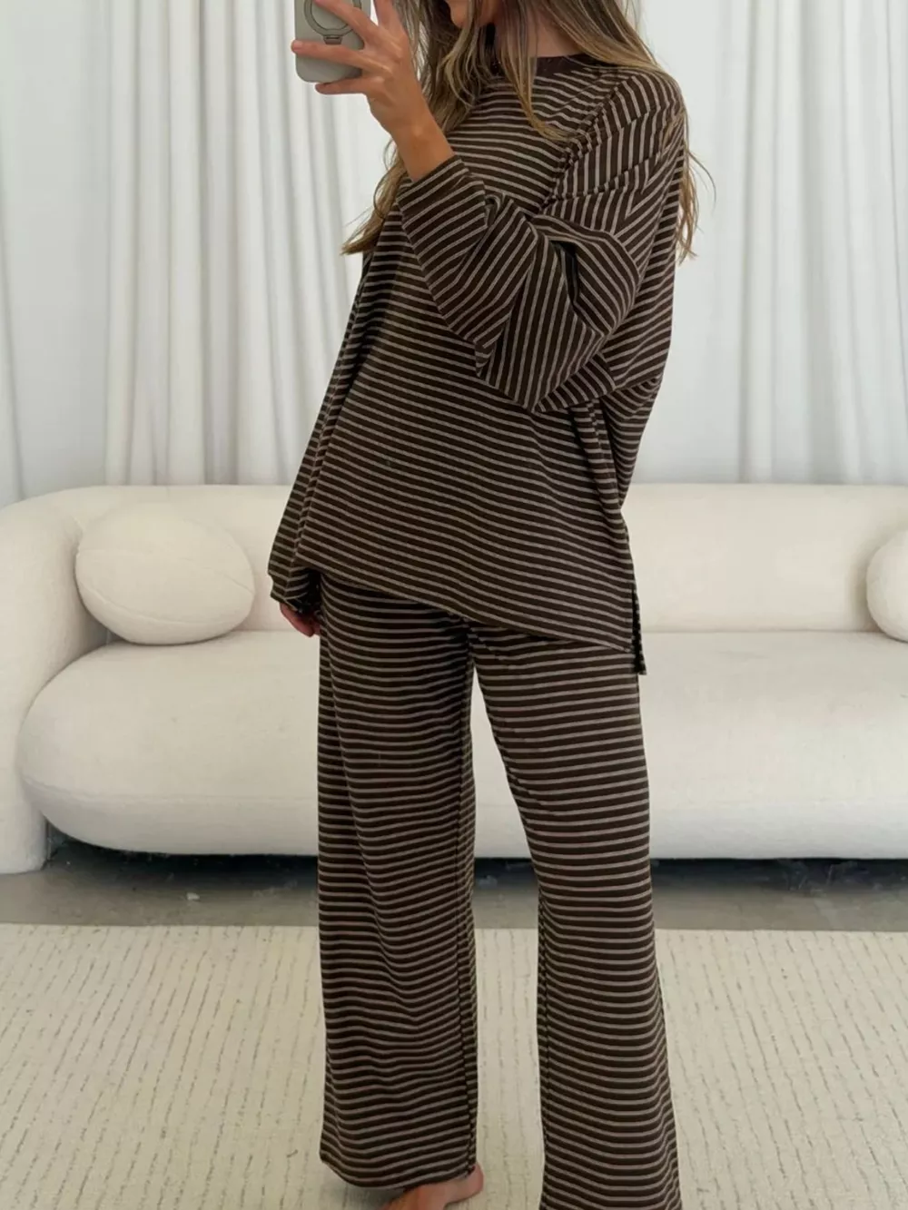 Striped Dropped Shoulder Top and Pants Lounge Set, image 3