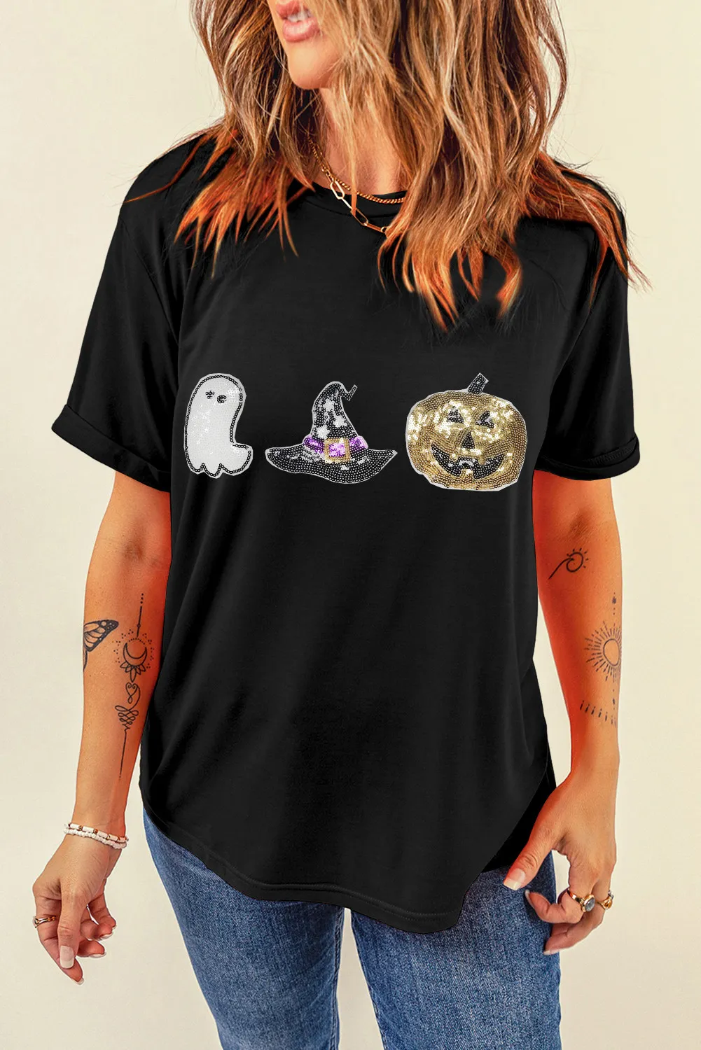 Sequin Round Neck Short Sleeve T-Shirt, image 3