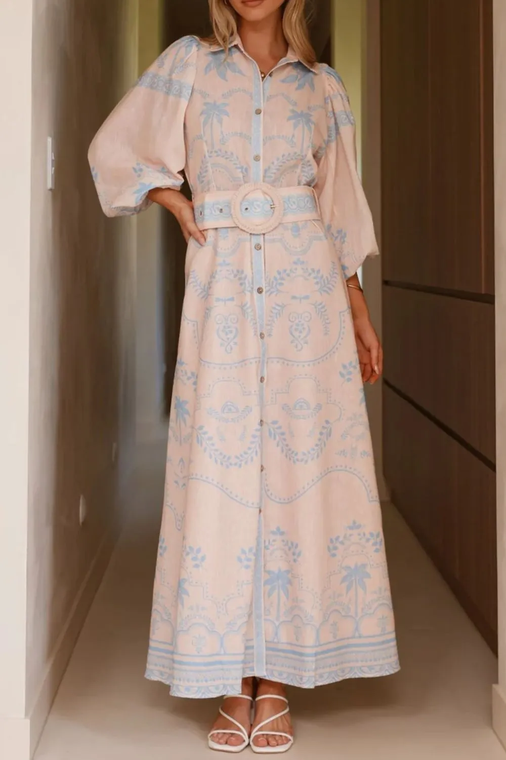 Printed Balloon Sleeve Maxi Shirt Dress, image 5
