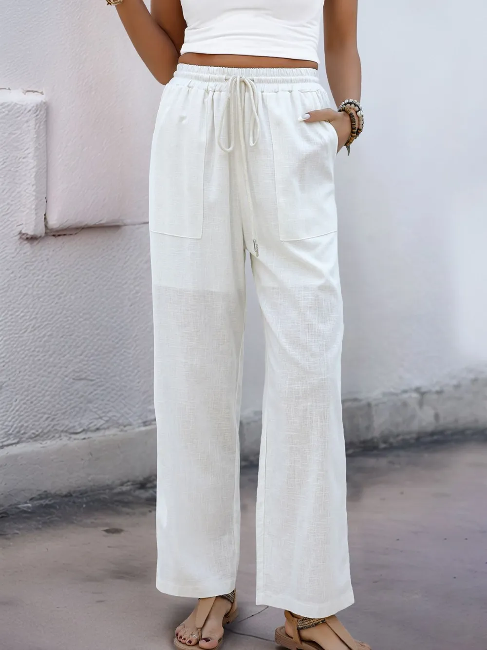 Drawstring Wide Straight Pants, image 3