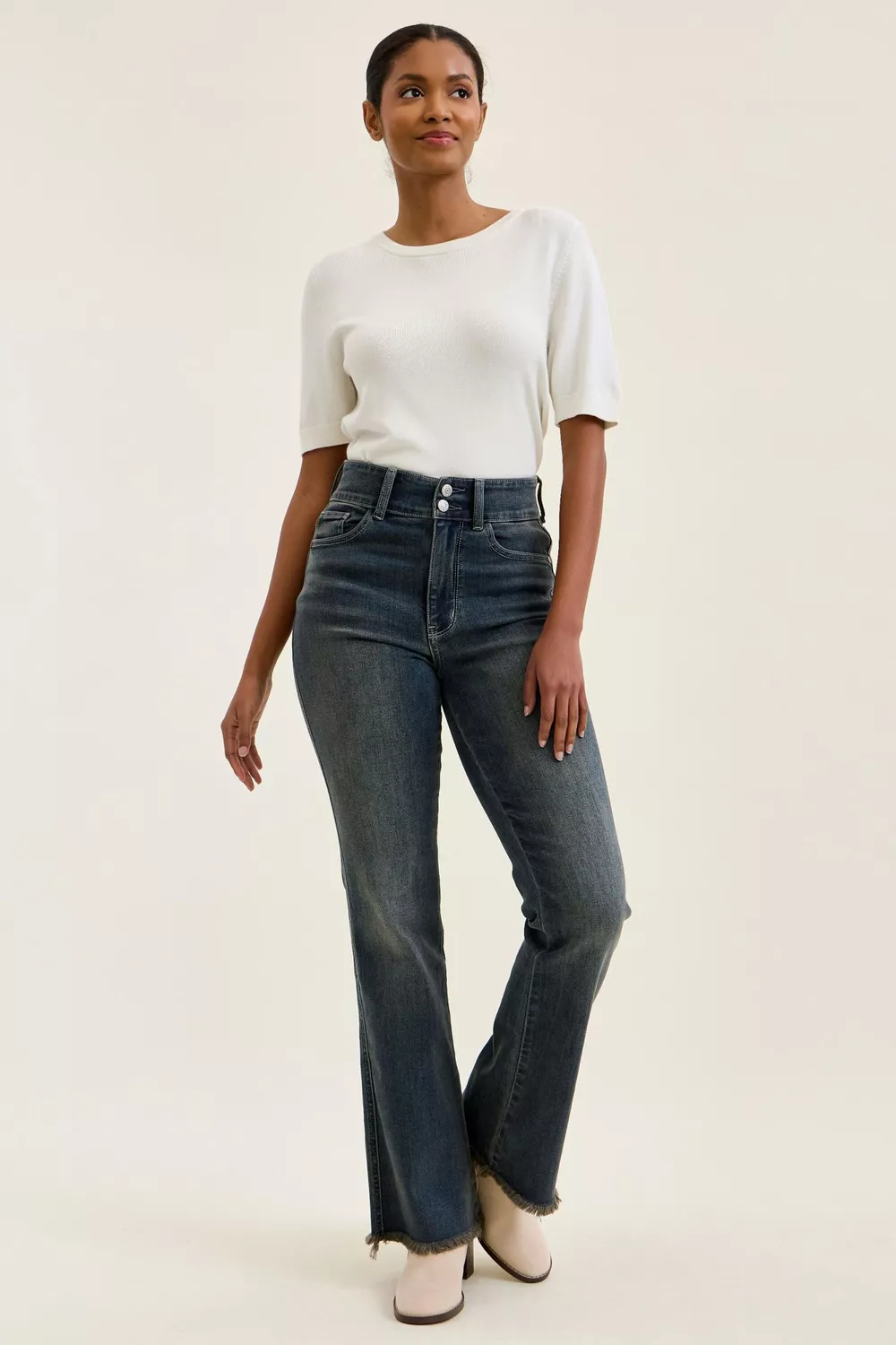 High Waist Double Button Frayed Hem Jeans, image 7