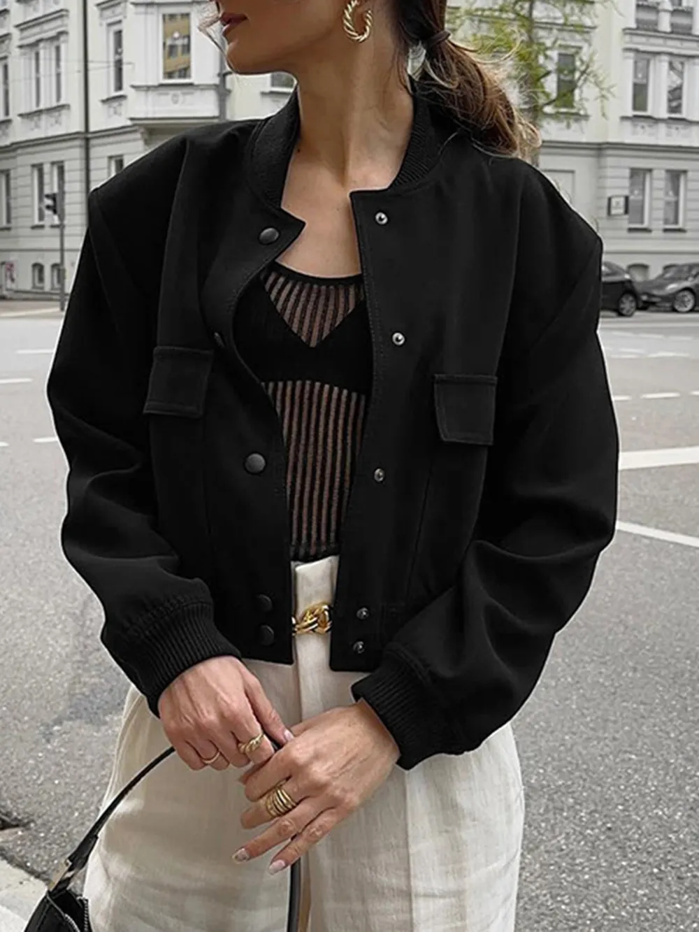 Pocketed Snap Down Baseball Collar Jacket, image 2