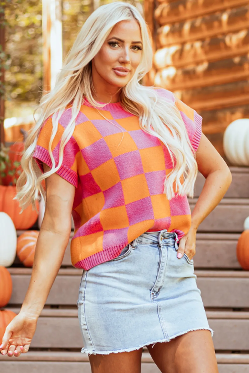 Checkered Round Neck Short Sleeve Sweater, image 6