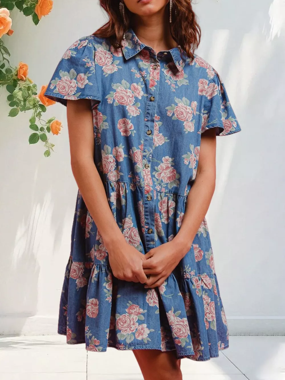 Floral Print Denim Button-Down Tiered Mini Dress, image 2