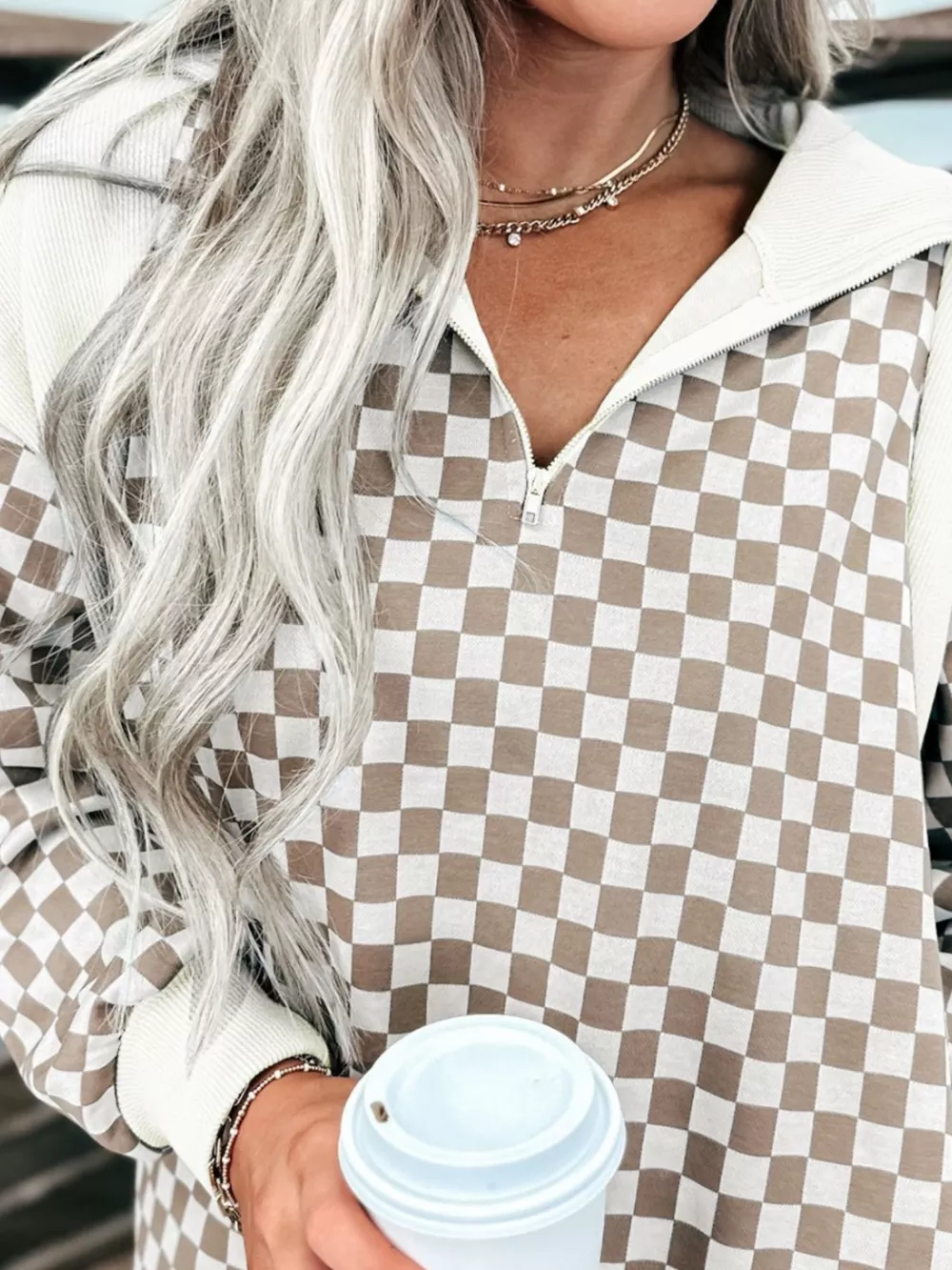 Checkered Quarter Zip Sweatshirt, image 2