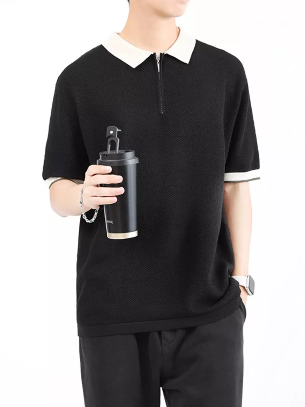 Men's Plus Size Textured Knit Polo with Zipper