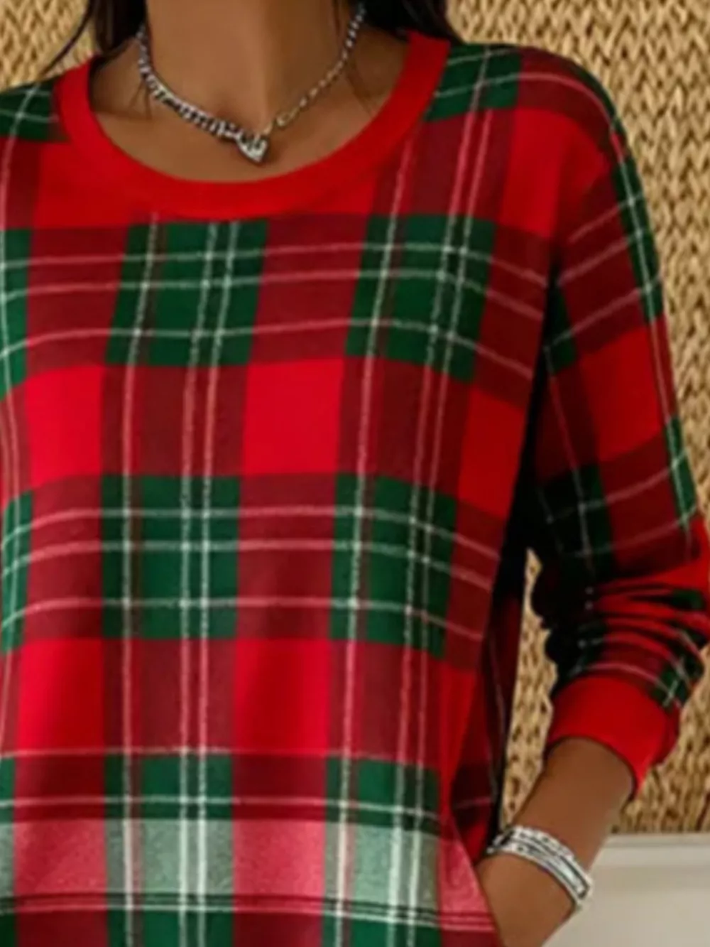 Full Size Plaid Long Sleeve Crew Neck Dress with Pockets Plus Size, image 4