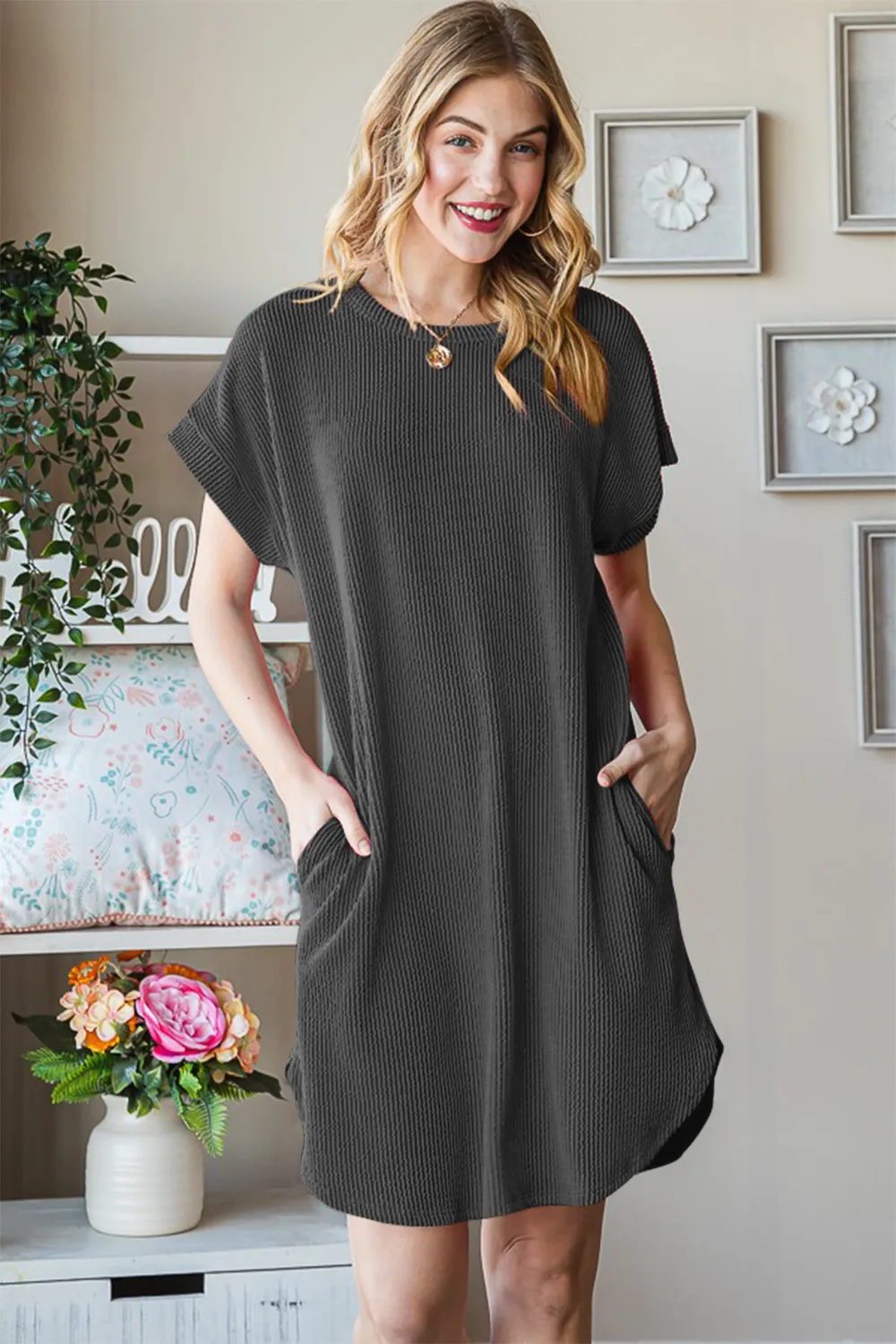 Full Size Ribbed Round Neck Short Sleeve Tee Dress, image 2
