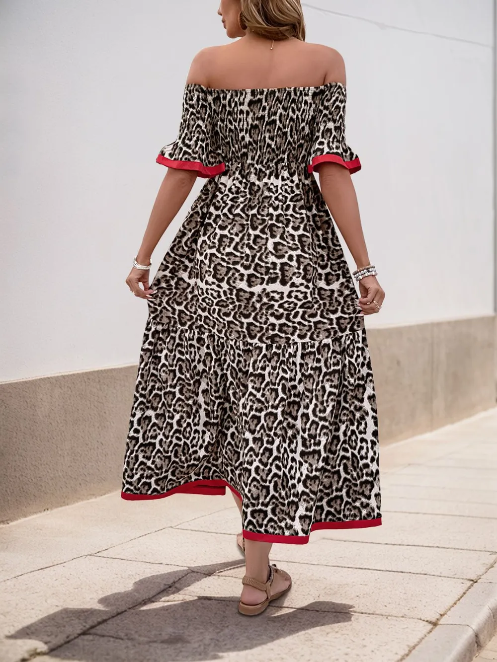 Leopard Off-Shoulder Flounce Sleeve Midi Dress, image 4