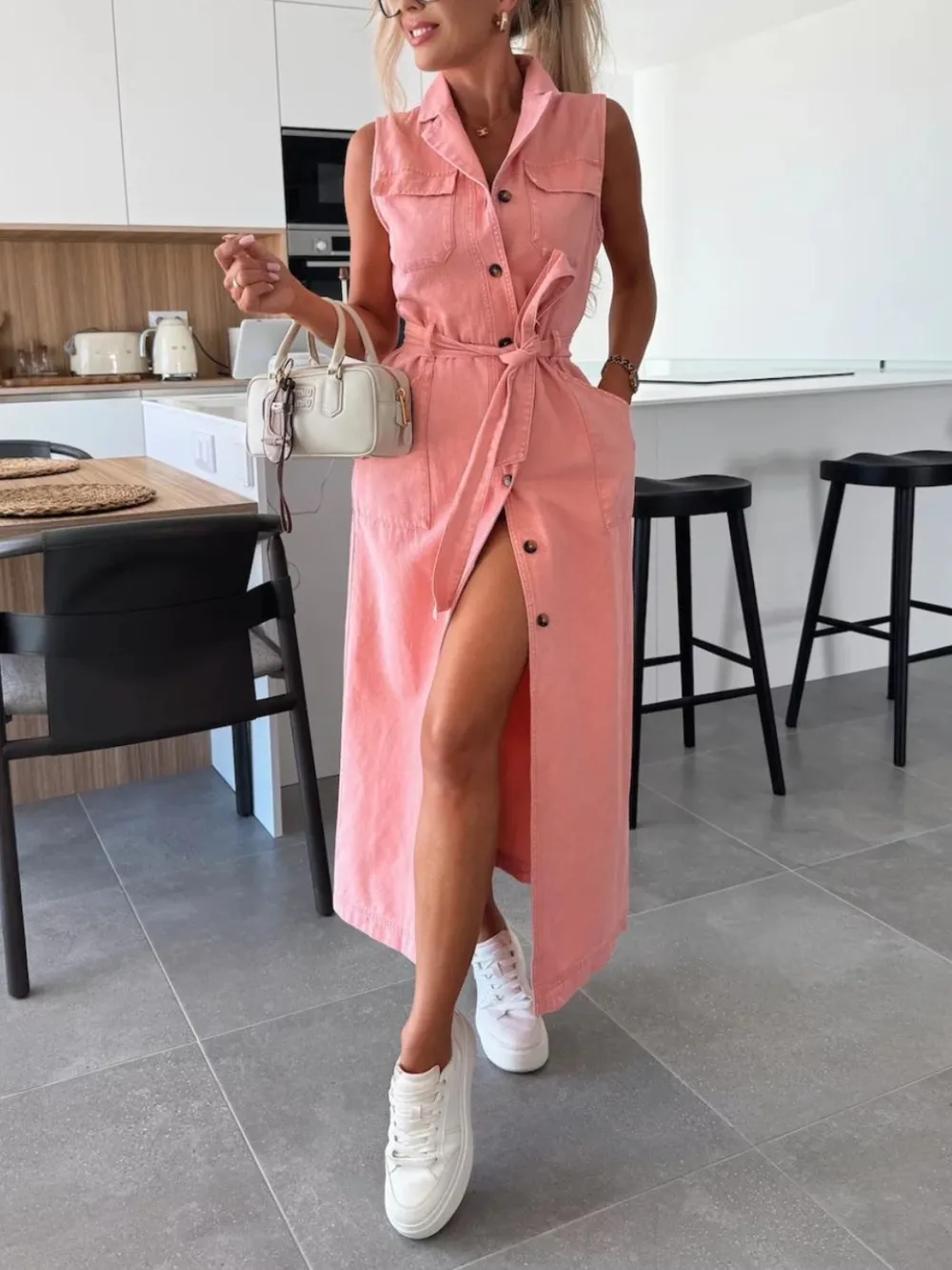 Button Front Sleeveless Denim Dress, image 5