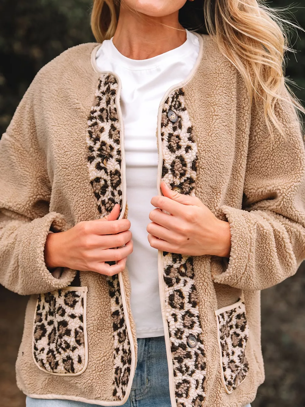 Casual Leopard Print Accent Plush Jacket with Pockets, image 4
