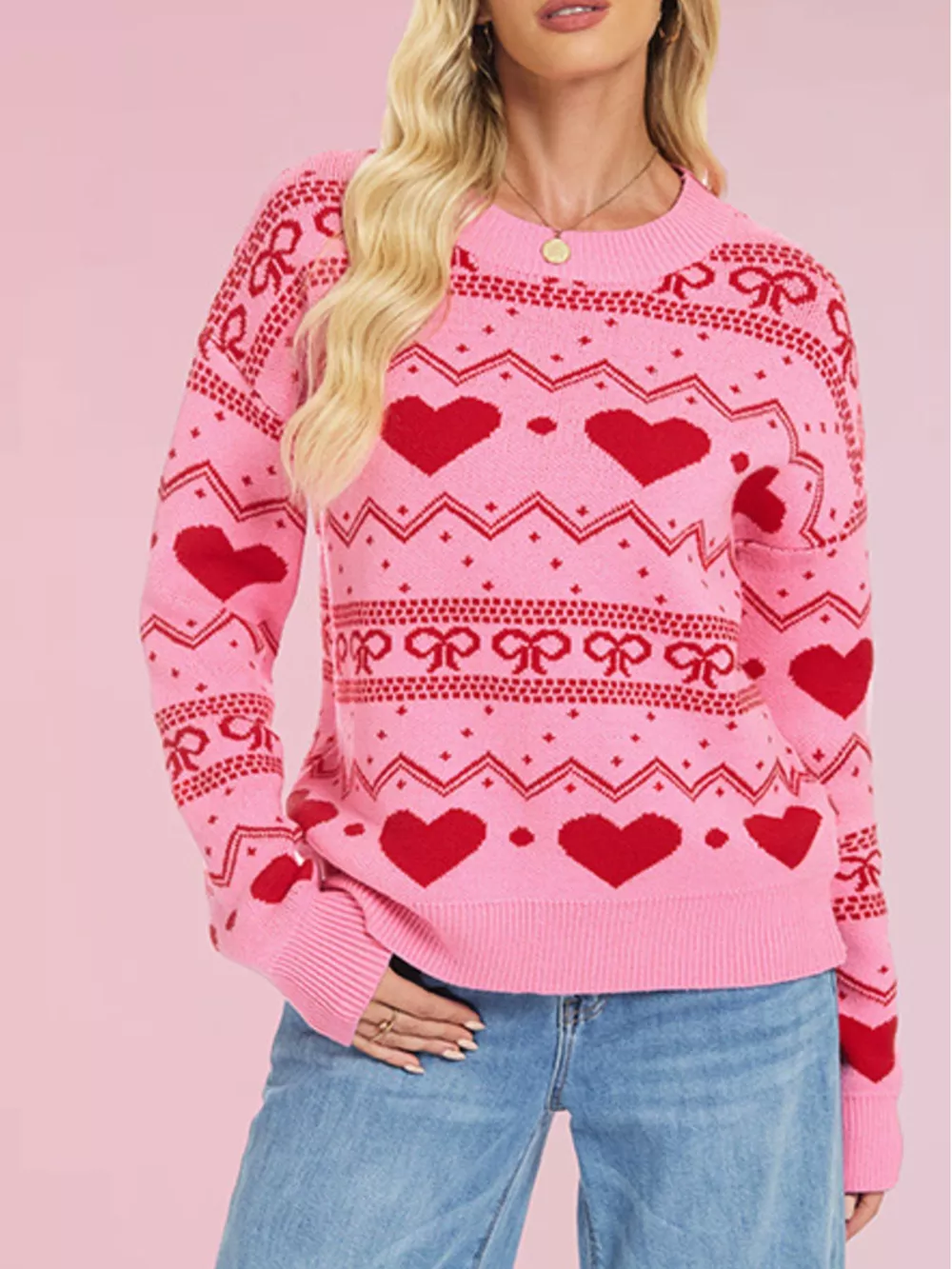Heart Pattern Dropped Shoulder Sweater, image 3