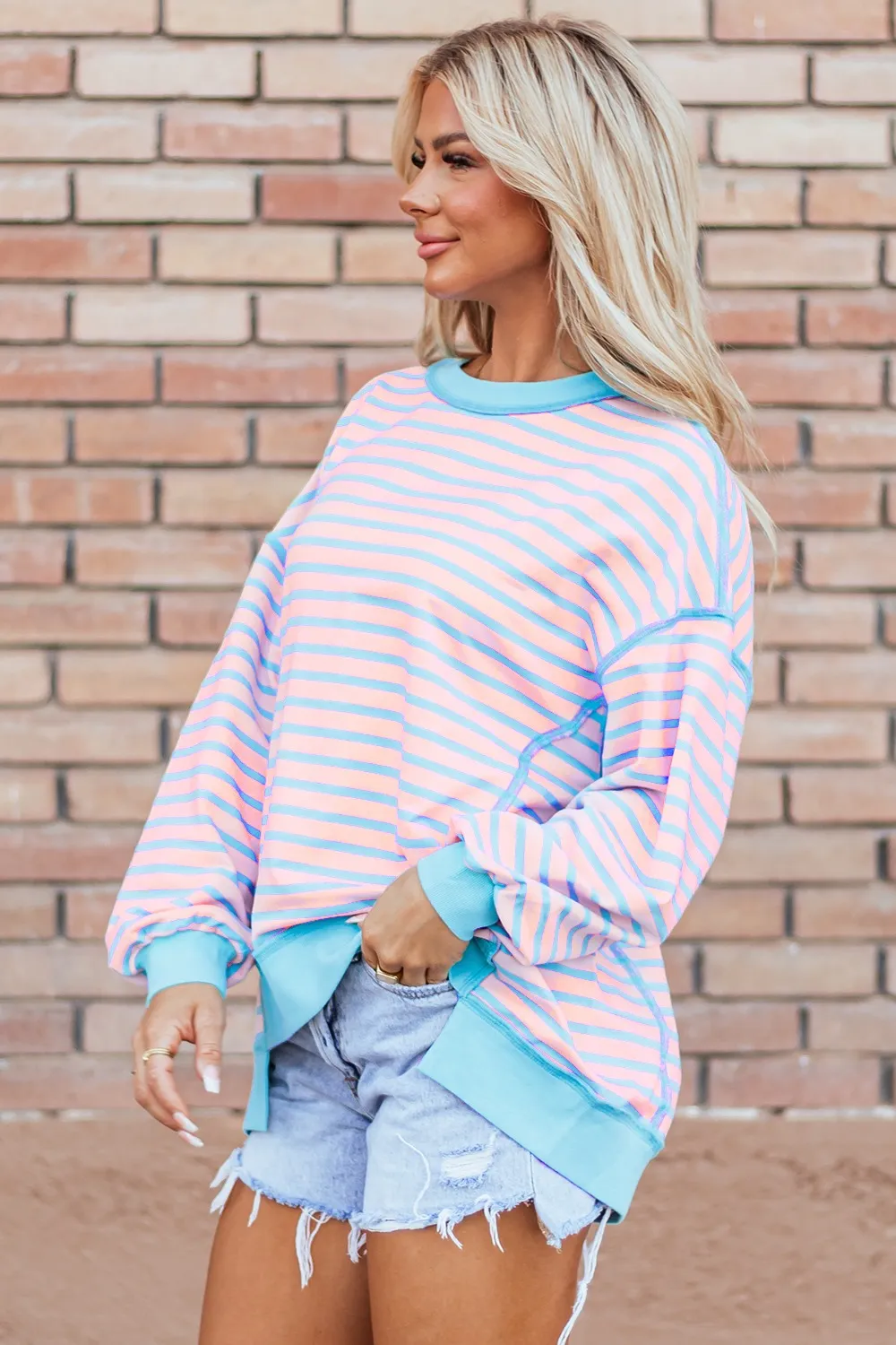 High-Low Striped Long Sleeve Sweatshirt, image 5
