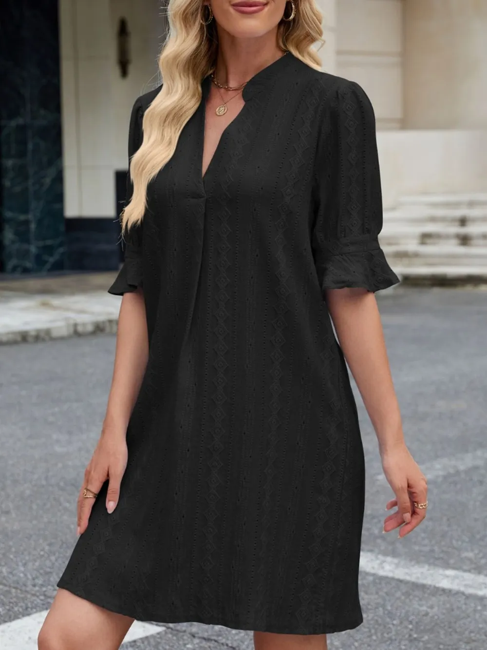 Eyelet Flounce Sleeve Mini Dress
