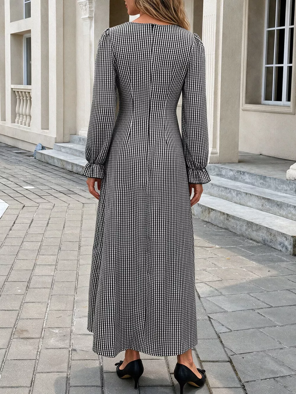 Gingham Lace-Trim V-Neck Long Sleeve A-Line Maxi Dress, image 6