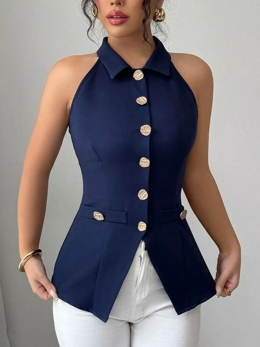 Sleeveless Lapel Collar Button-Down Vest, image 2