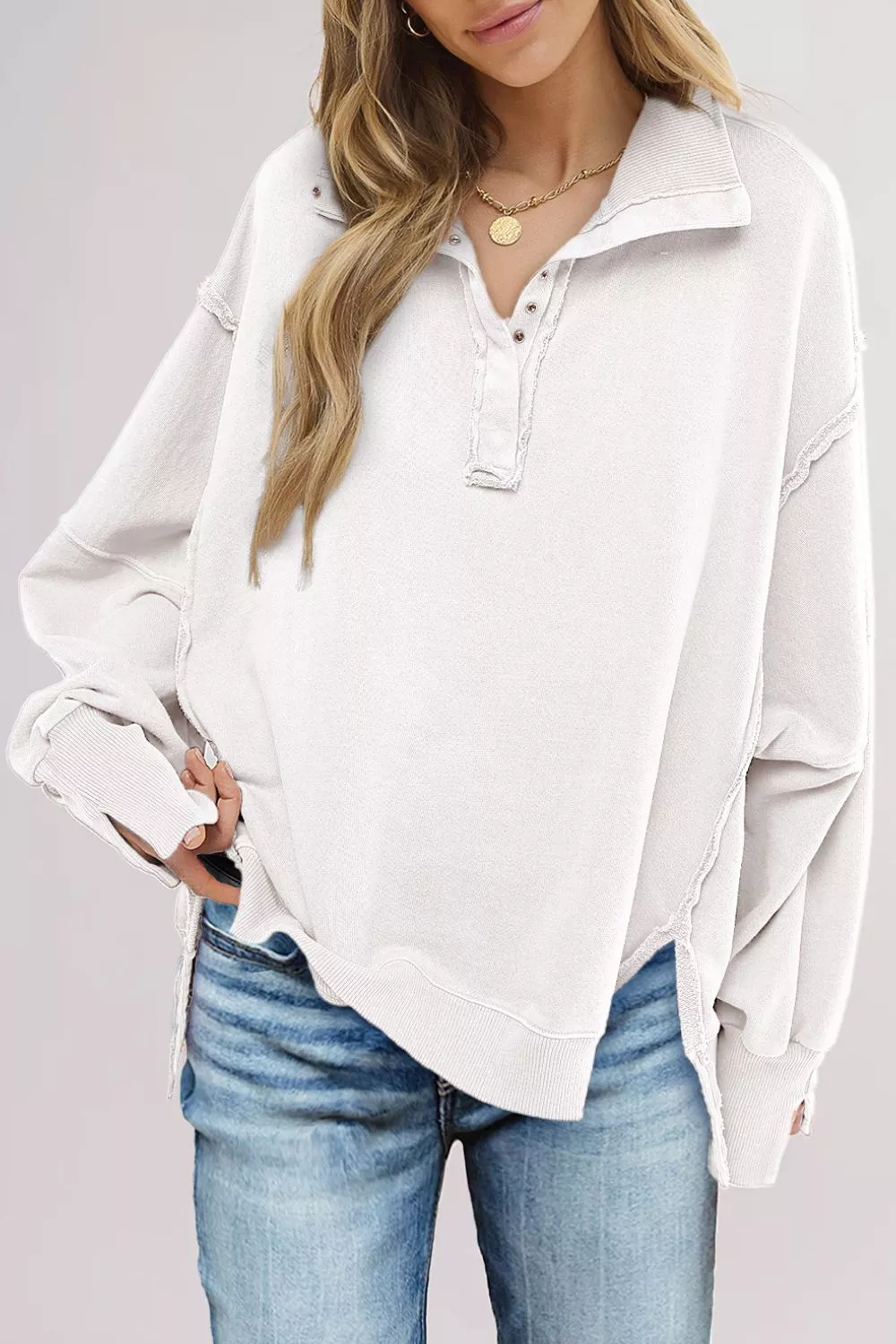 uttoned Collared Raw Detail High Low Baggy Sweatshirt with Slits, image 3