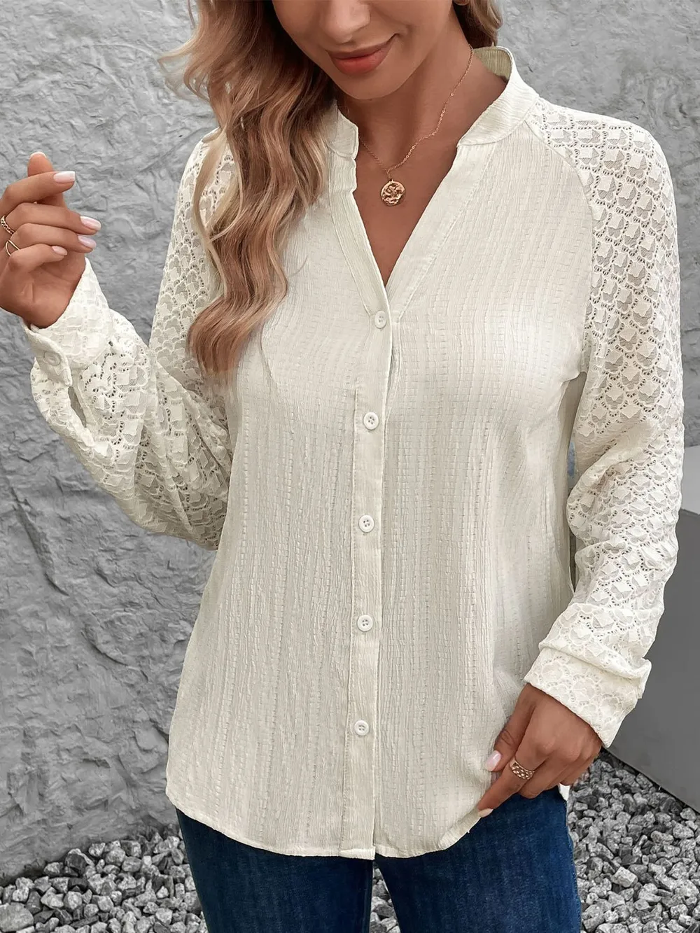 Textured Notched Long Sleeve Shirt, image 3