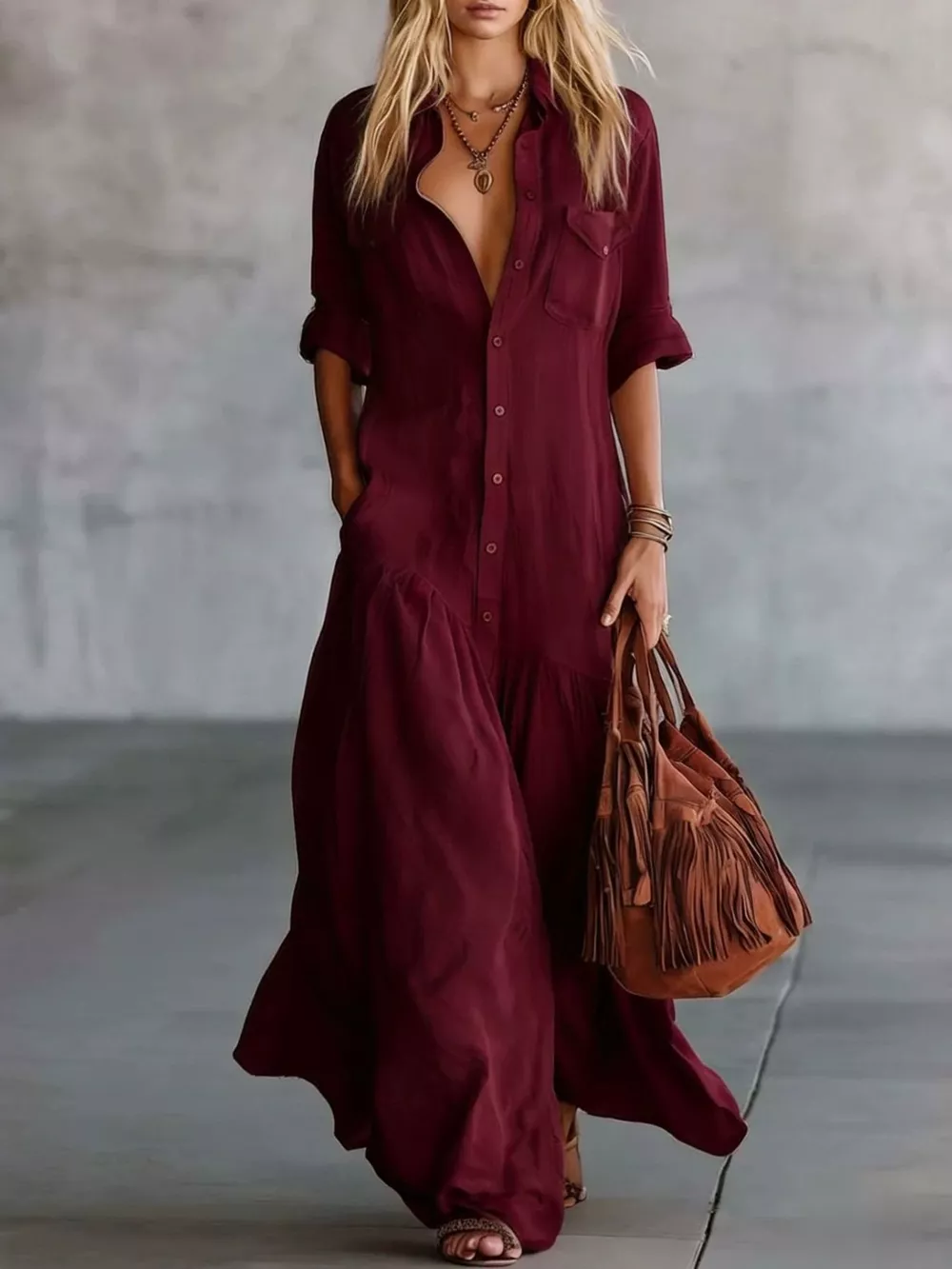 Full Size Button Front Roll-Up Sleeve Maxi Dress Plus Size, image 5