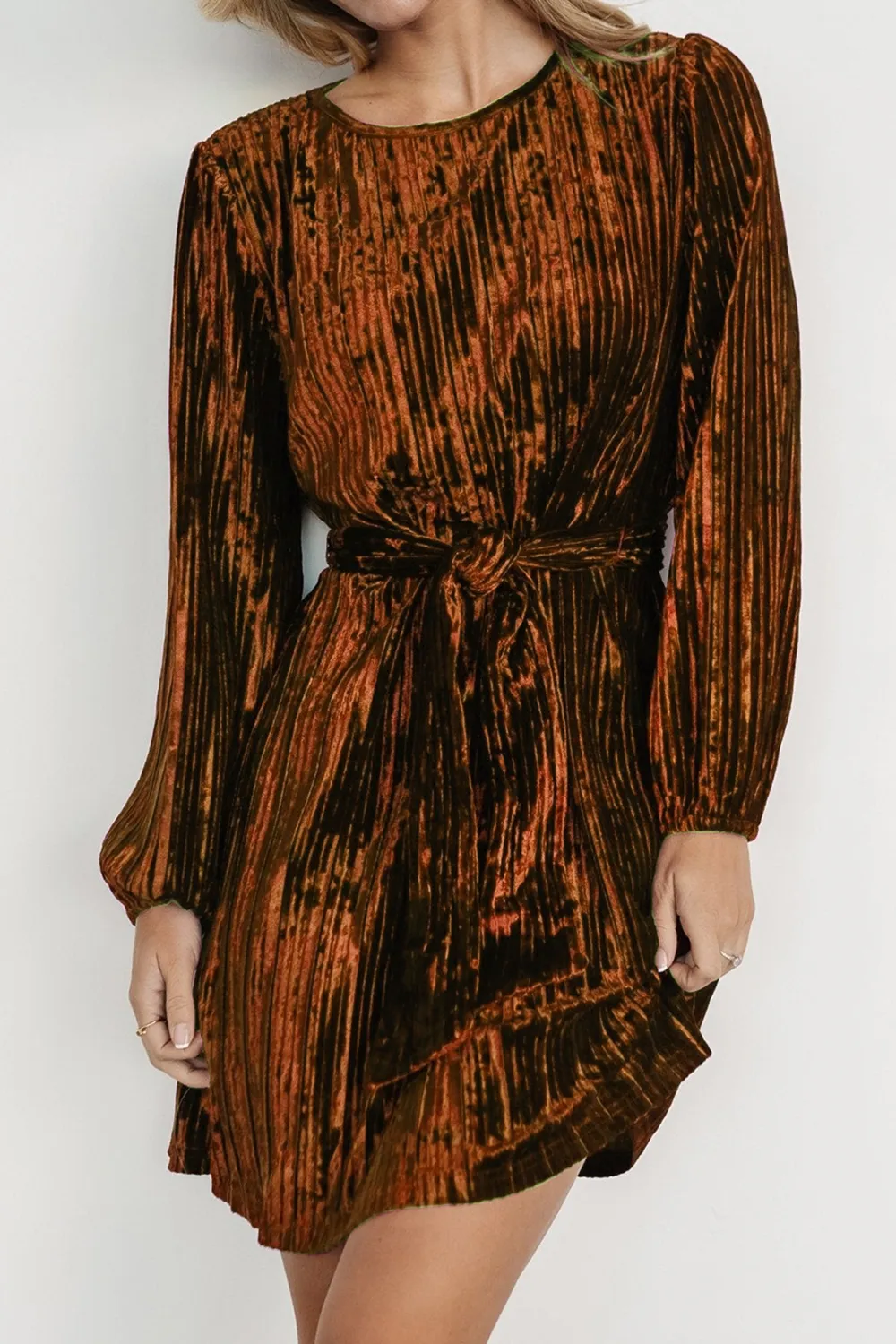 Velvet Round Neck Tie Waist Long Sleeve Mini Dress, image 9