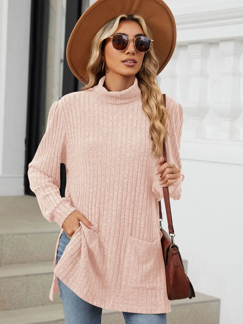 Slit Mock Neck Long Sleeve T-Shirt, image 29