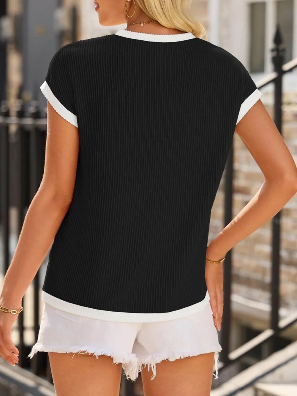 Contrast Trim Round Neck Short Sleeve T-Shirt, image 33
