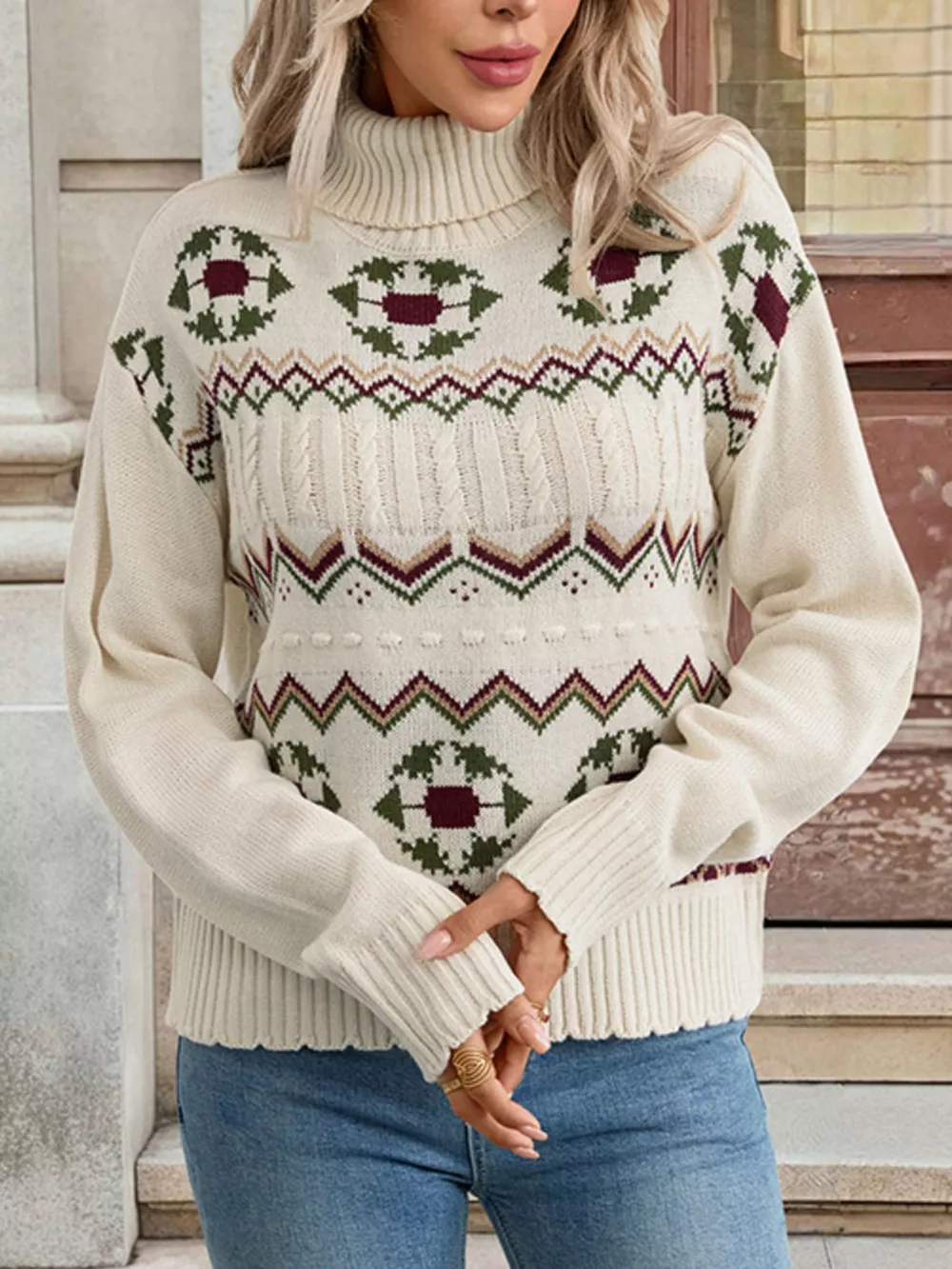 Geometric Turtleneck Long Sleeve Sweater, image 4