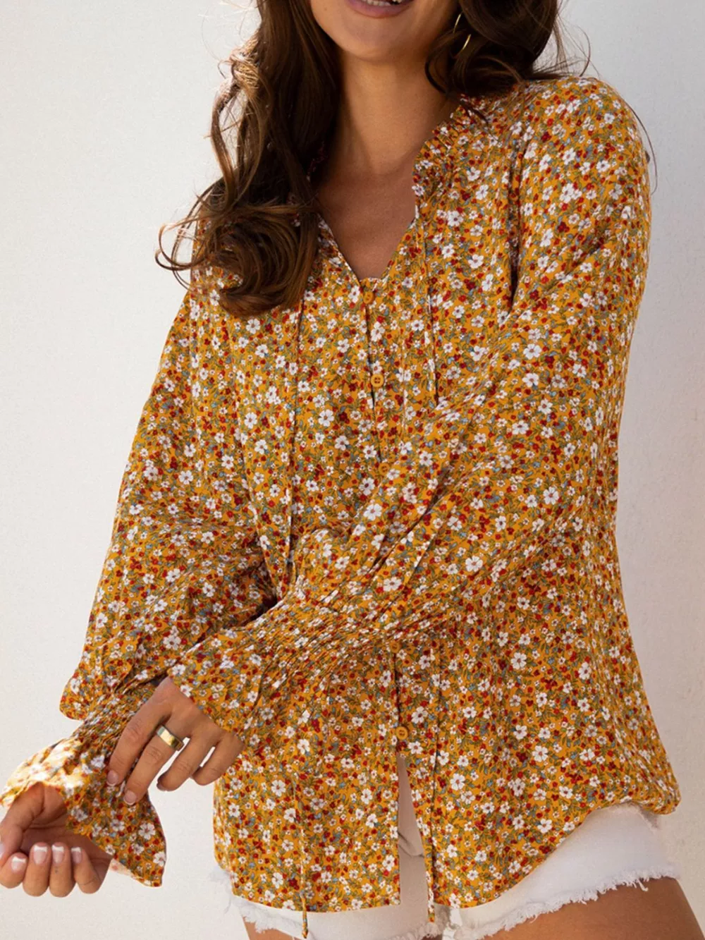 Floral Ruffled Bubble Sleeve Tie Neck Blouse, image 3