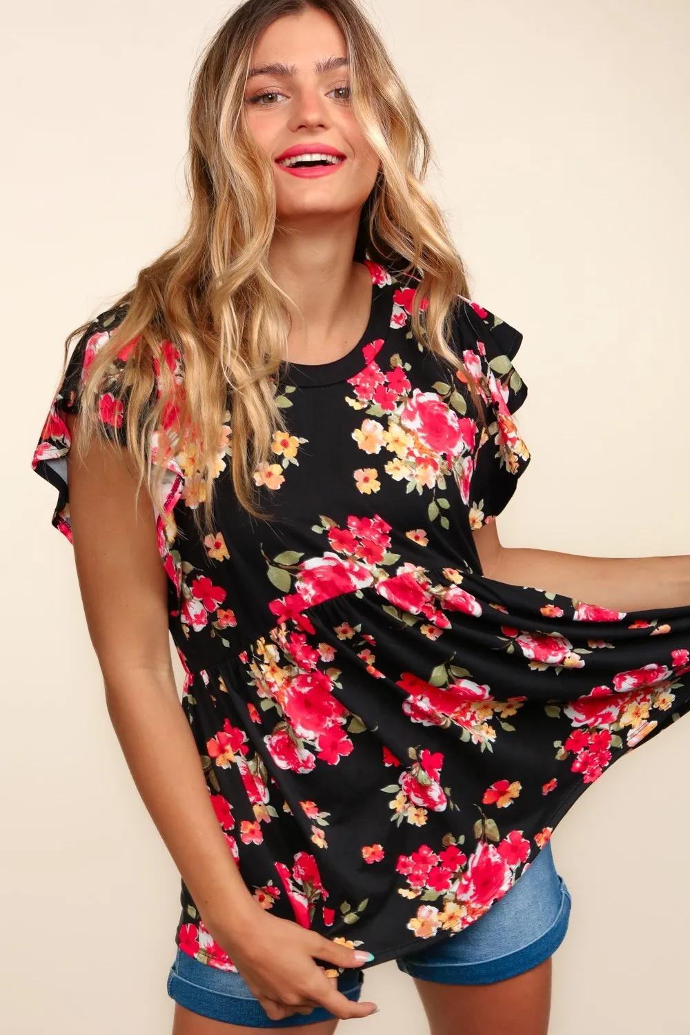 Floral Ruffle Short Sleeve Babydoll Top, image 4