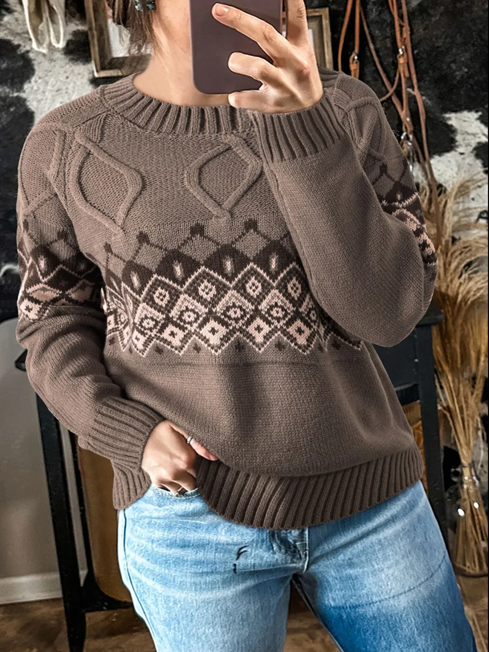 Geometric Round Neck Long Sleeve Sweater, image 8