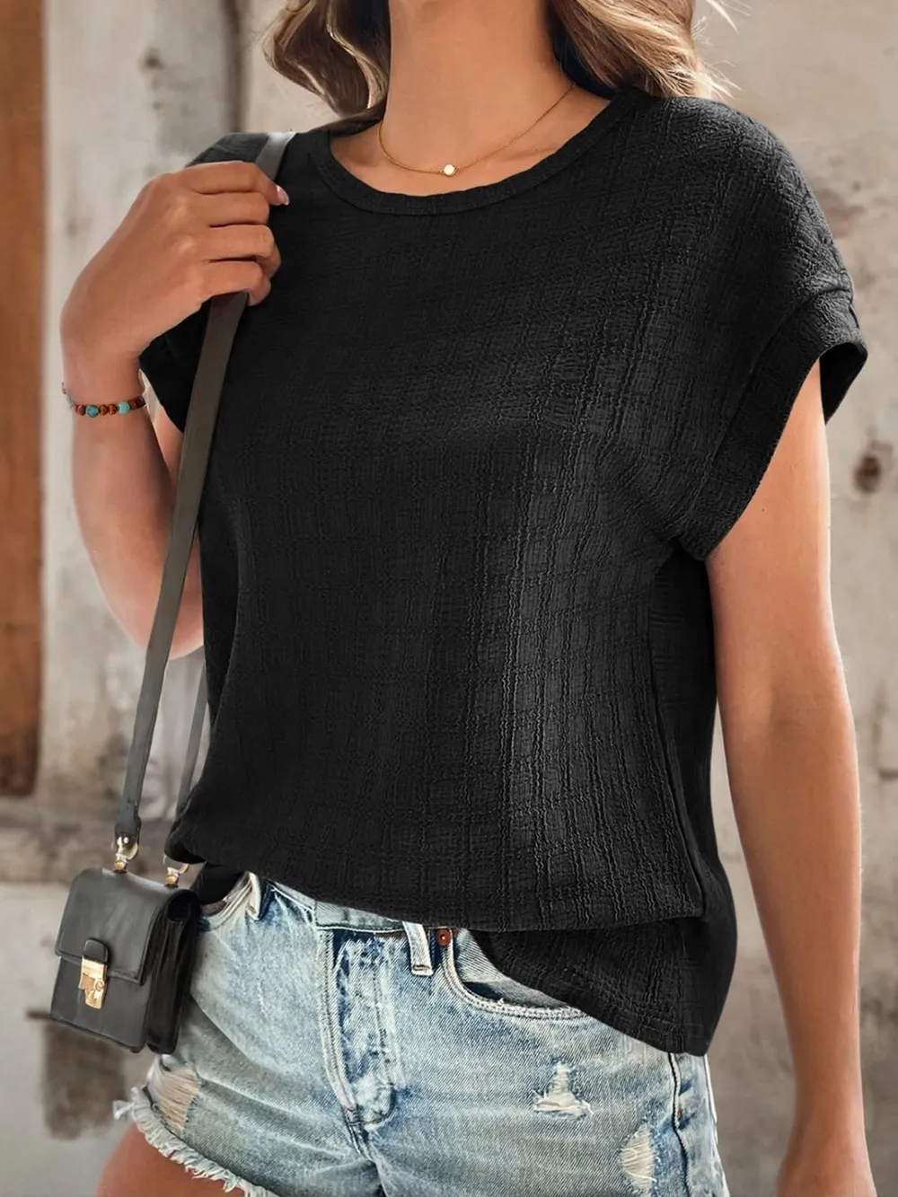 Textured Round Neck Short Sleeve Top, image 9