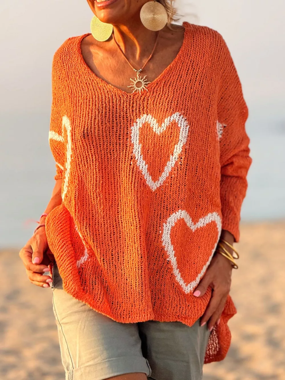 Heart V-Neck Dropped Shoulder Sweater, image 9