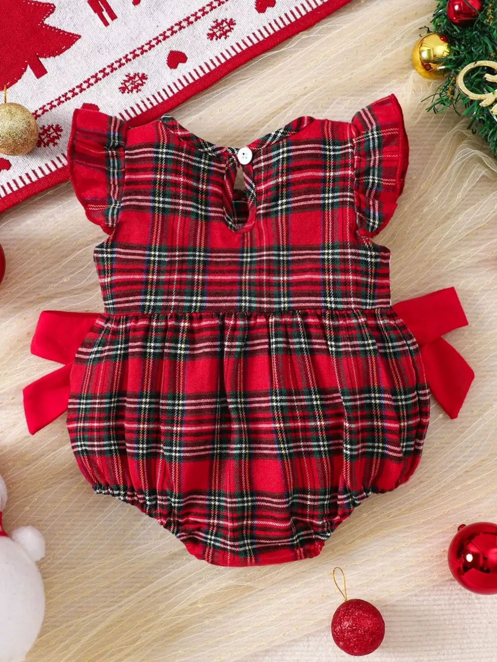 Children's Christmas Plaid Ruffle Sleeve One-Piece, image 2