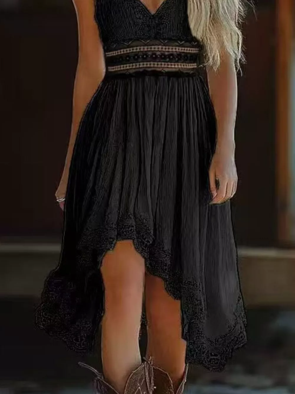 Asymmetrical Hem Lace V-Neck Cami Dress, image 4