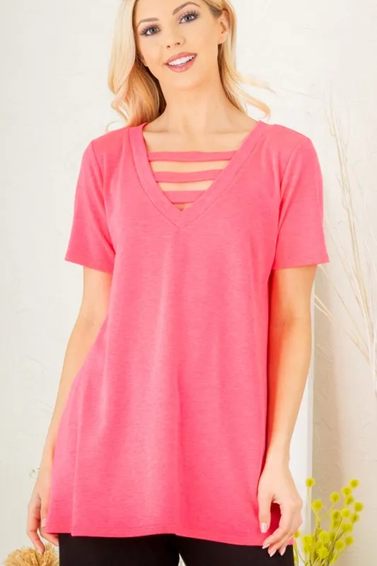 Full Size V-Neck Short Sleeve T-Shirt with Bar Detail Plus Size, image 4
