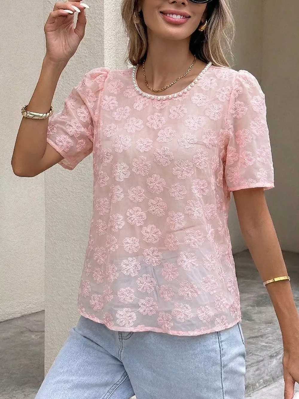 Floral Embroidered Pearl Trim Blouse, image 3