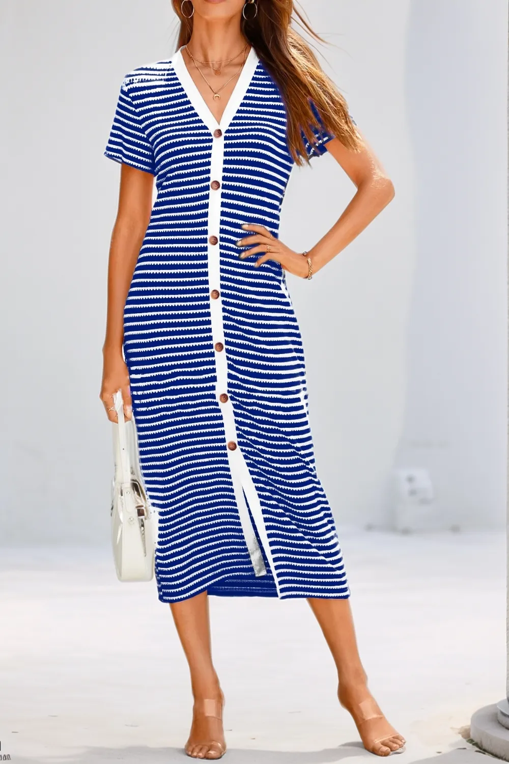 Contrast Striped V-Neck Short Sleeve Midi Dress, image 3