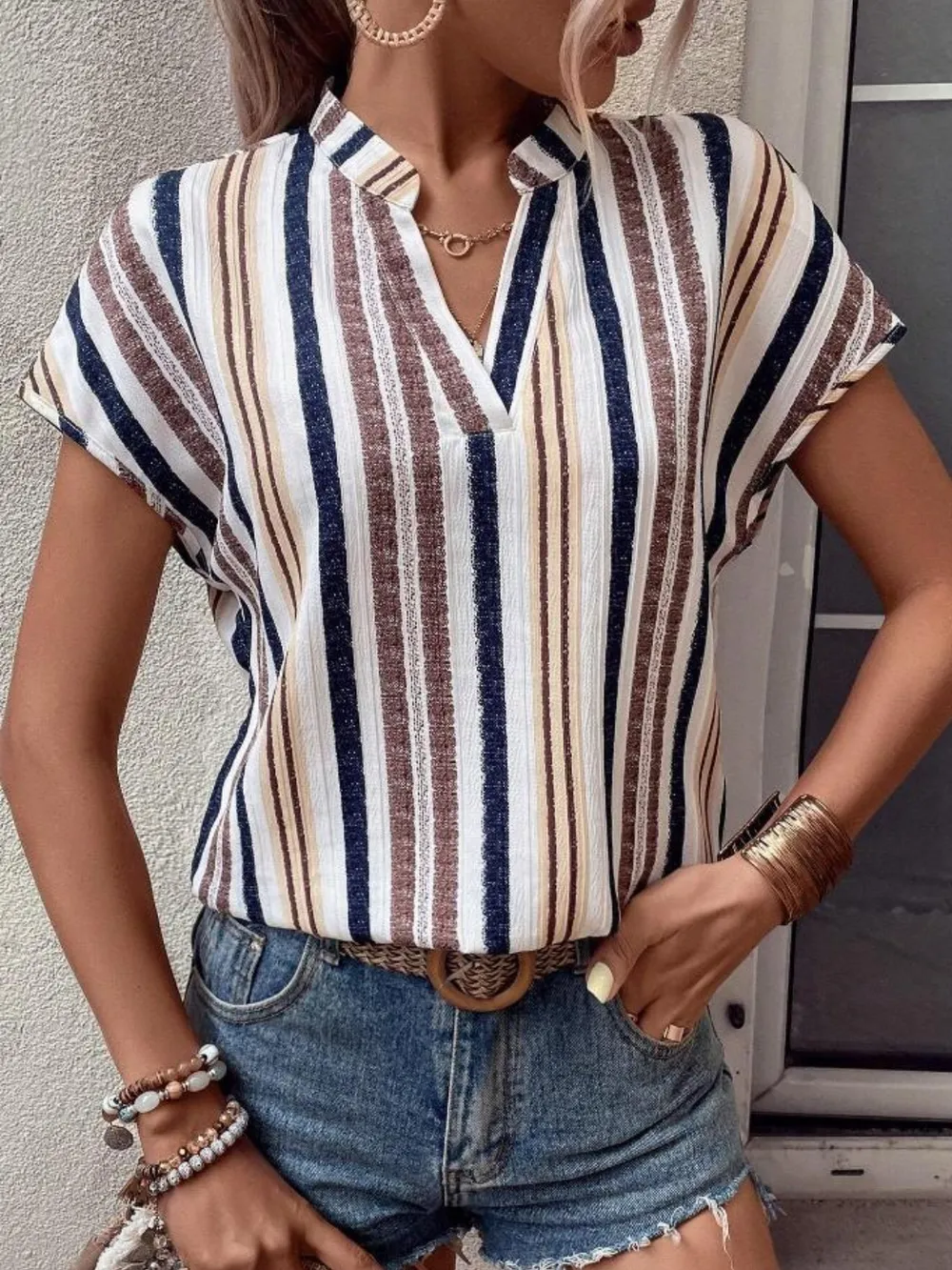 Striped Notched Short Sleeve Shirt, image 7