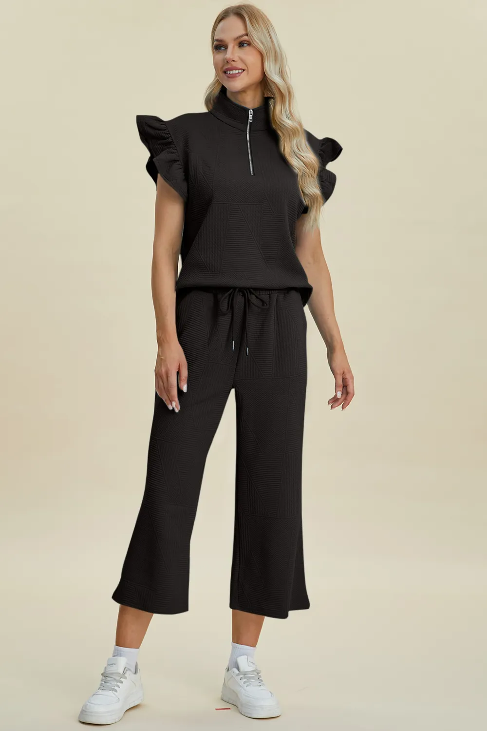 Full Size Texture Ruffle Short Sleeve Top and Wide Leg Pants Set, image 10