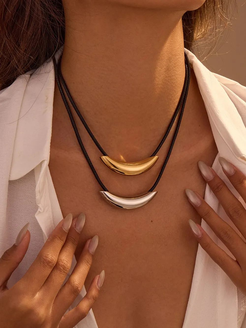 Stainless Steel Curved Bar Necklace with Leather Rope, image 2
