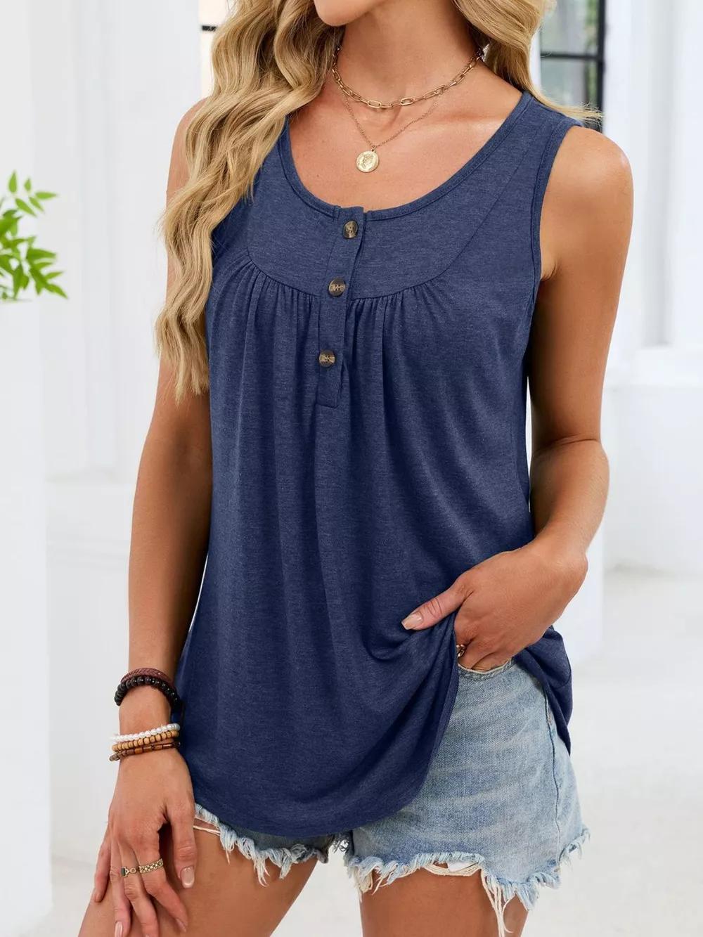 Button Detail Round Neck Tank, image 6