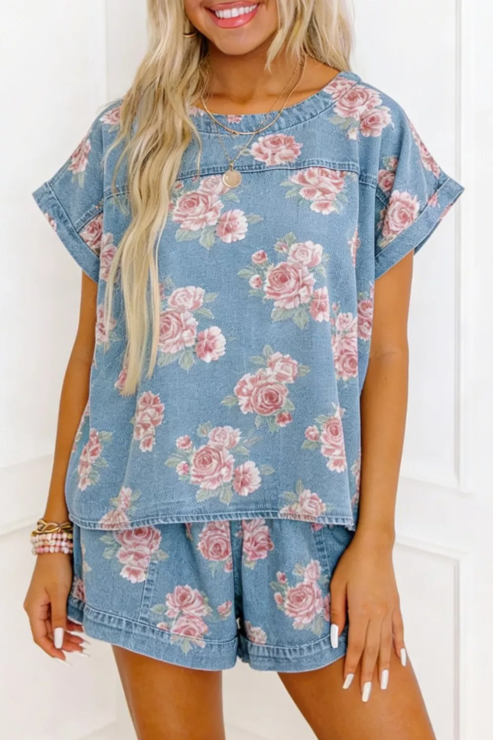 Floral Print Top and Shorts Denim Set, image 4