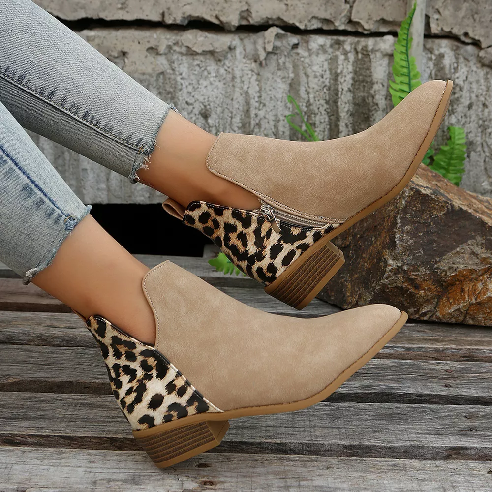 Leopard Point Toe Block Heels Boots, image 7