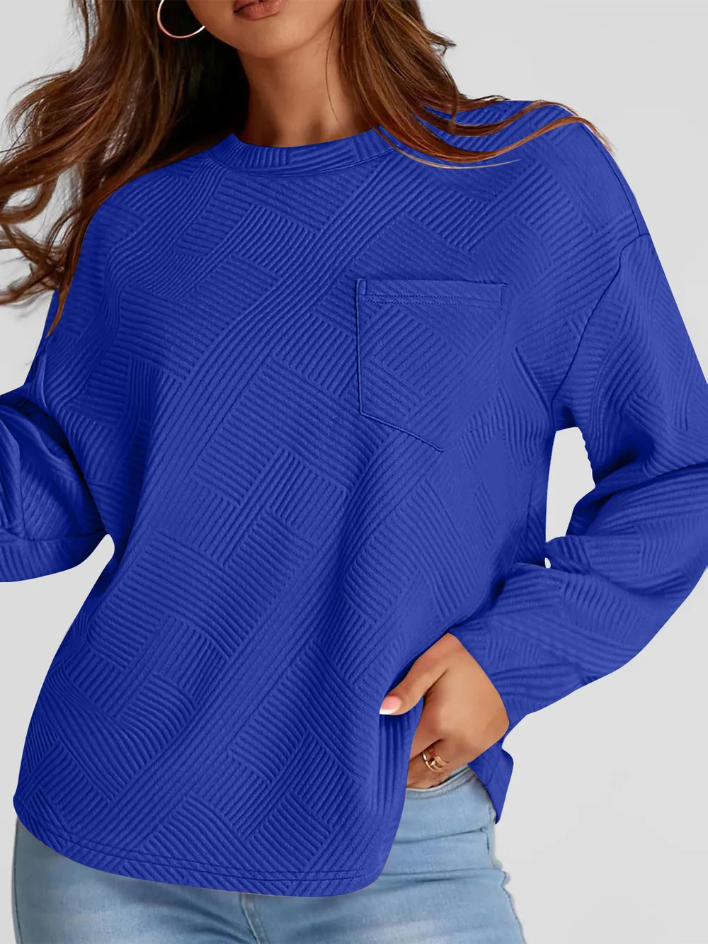 Full Size Texture Round Neck Long Sleeve Sweatshirt, image 8