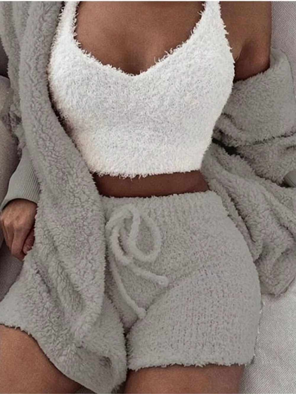 Full Size 3-Piece Fuzzy Plush Cardigan and Shorts Lounge Set with Crop Top Plus Size, image 4